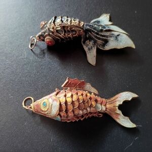 2 Vintage Cloisonne Enamel Articulated Wiggling Metal Fish Pendants.